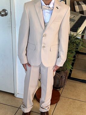 Boys Cream Two-Piece Suit with Vest & Bow Tie